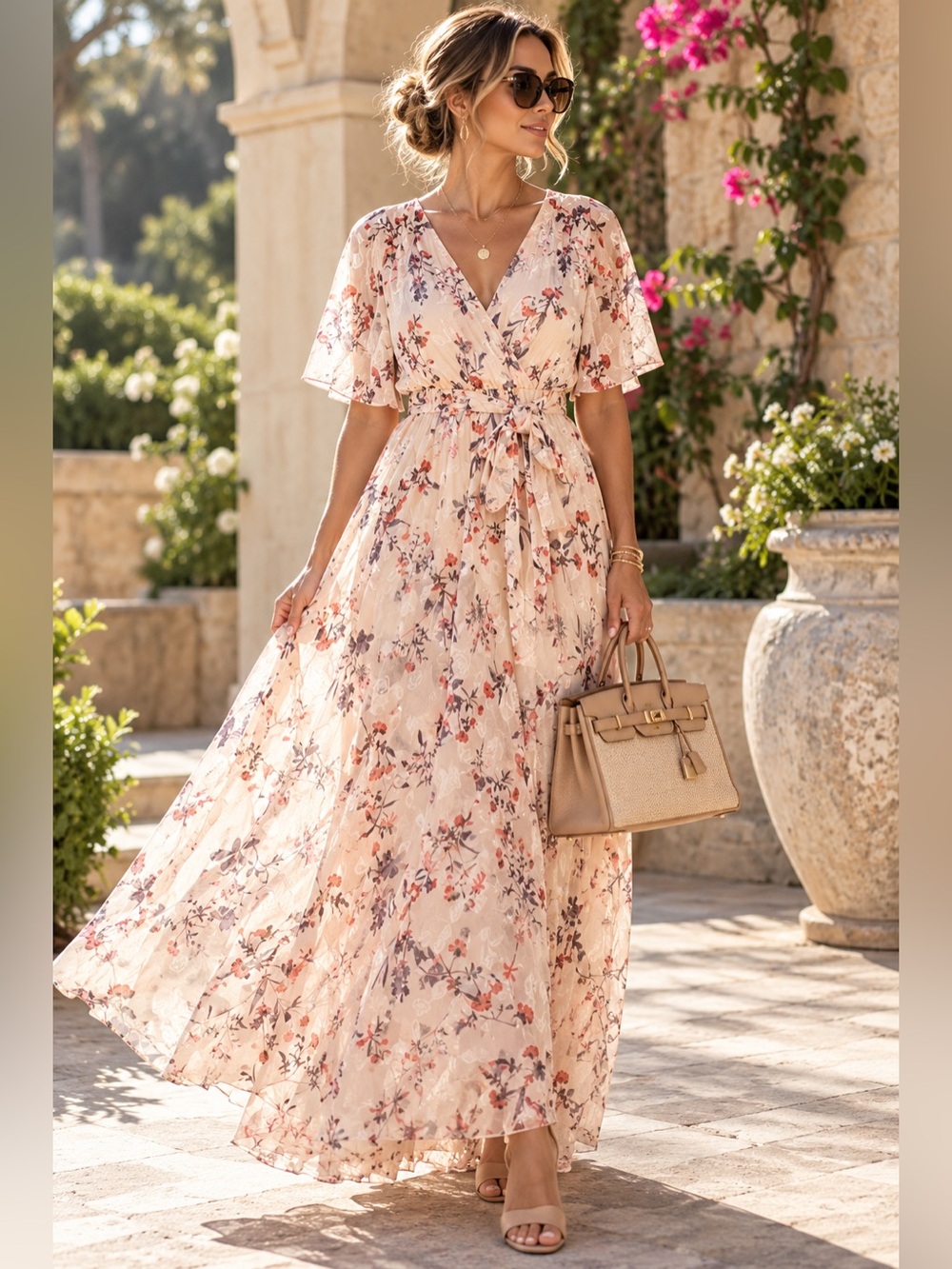 NWT Baltic Born Birdie Maxi Dress Women’s Small Blush Floral Chiffon V-Neck Boho
